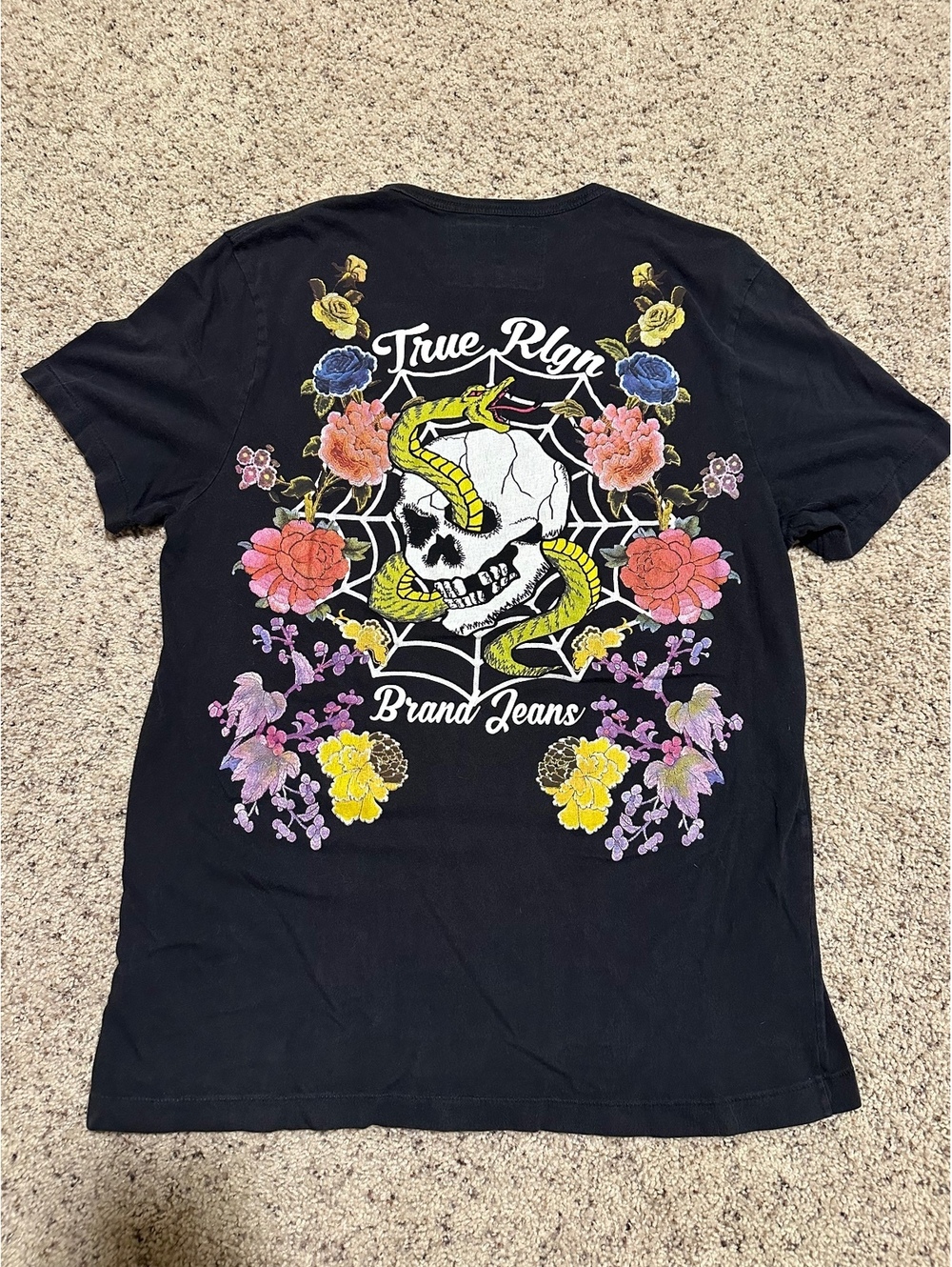True Religion Black Graphic T-Shirt with Skull and Snake Design